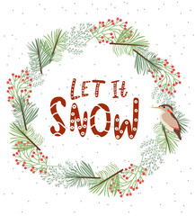 Merry Christmas and Happy New Year template card with floral wreath. Editable vector illustration