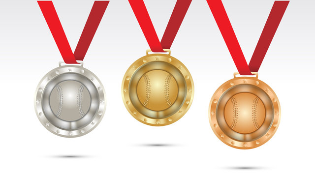baseball and softball Champion Gold, Silver and Bronze Medal set with Red Ribbon  Vector Illustration