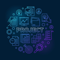 Project vector round business concept blue outline illustration on dark background 