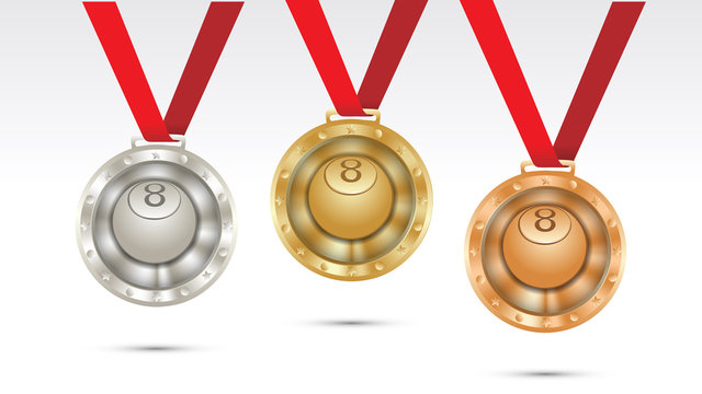 billiard Champion Gold, Silver and Bronze Medal set with Red Ribbon  Vector Illustration