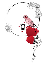 frame with bird, lamp and heart