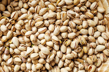 Close-up of pistachio. Salted pistachio - beer snack. 