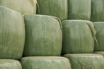 Close-up of a stack of hay-bales being wrapped in Plastic.. East-Flanders in the summer of 2016