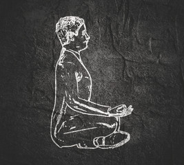 Fototapeta na wymiar Businessman sit in meditation pose. Chalkboard style