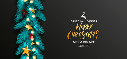Merry Christmas Sale.Universal vector background with fir branches, Rowan, stars,garland and serpentine. Suitable for promotional materials, postcards,posters banners, flyers. Modern design.
