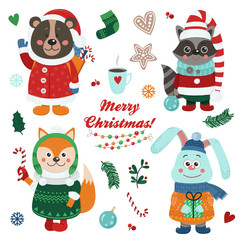 Christmas set with isolated cute forest animals dressed in winter clothes