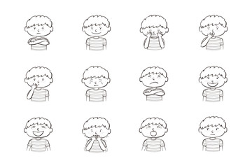 Collection of 12 illustrations of little boy showing different emotions