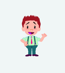 Businessman in casual style waving, happy.