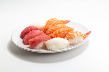 Japanese seafood sushi Sushi on whtie plate