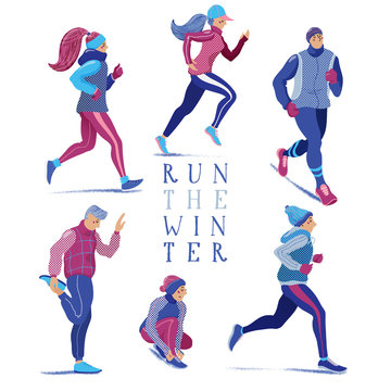 Set Of People, Men And Women, Running In Winter Season, Flat Cartoon Vector Illustration Isolated On White Background. Set Of Men And Women Running, Jogging In Winter Season, Dressed In Warm Clothes