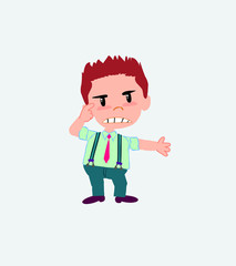 Businessman in casual style, is angry and points his head with his index finger.