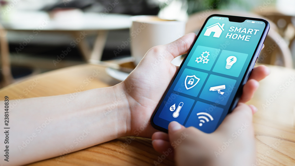 Poster smart home control application on mobile phone screen. automation and iot concept.