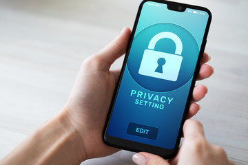 Privacy settings on mobile phone screen. Cyber security concept.