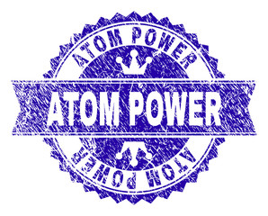 ATOM POWER rosette stamp seal watermark with grunge style. Designed with round rosette, ribbon and small crowns. Blue vector rubber print of ATOM POWER label with grunge style.