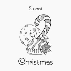 Hand drawn Christmas card. Merry Christmas and New Year typography. Cute holidays greeting card, invitation, poster and templates. Black and white Christmas card. Vector illustration.