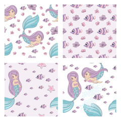 FISH MERMAID Decorative Vector Illustration Seamless Pattern Set for Print, Fabric, Design and Digital Paper