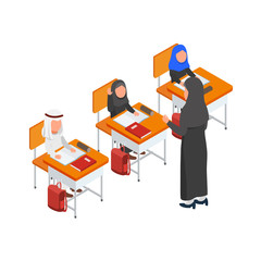 Classroom Activity Studying in School Teacher and Students Vector Isometric