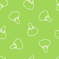 Broccoli silhouette seamless vegetable pattern vector flat illustration. Fresh food pattern in white and green colors with outline broccoli vegetable seamless element for fabric print or wallpaper