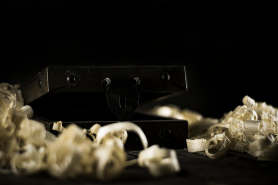 Old Memory Box with wood waste background with copy space
