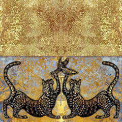 motley cat on patterned background