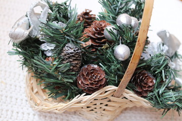 christmas still life with cones and balls  on white background