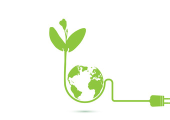 Green sprout seedling around globe with electrical plug, environmental concept vector illustration
