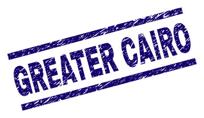 GREATER CAIRO seal stamp with grunge style. Blue vector rubber print of GREATER CAIRO text with corroded texture. Text caption is placed between parallel lines.