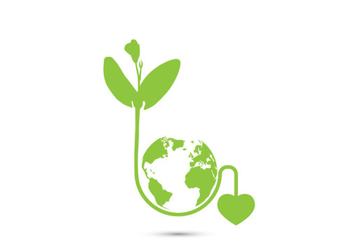 Green sprout seedling with heart shaped root around globe, environmental concept vector illustration