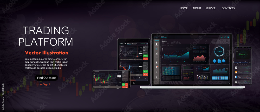 Poster Web Site Screen template. Forex market, news and analysis. Binary option. Application screen for trading. Candles and indicators. HUD UI for business app. Futuristic virtual user interface. Data chart