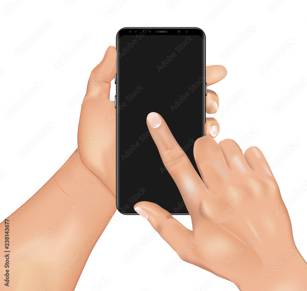 Poster Vector 3d realistic human hand holding smartphone and touching screen. Template, mock up for mobile app or advertisment. Isolated device and hands. Template 3d realistic Hands and phone