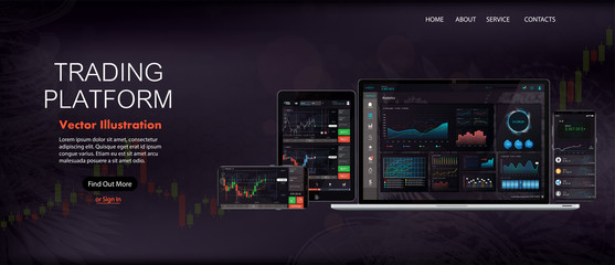 Web Site Screen template. Forex market, news and analysis. Binary option. Application screen for trading. Candles and indicators. HUD UI for business app. Futuristic virtual user interface. Data chart
