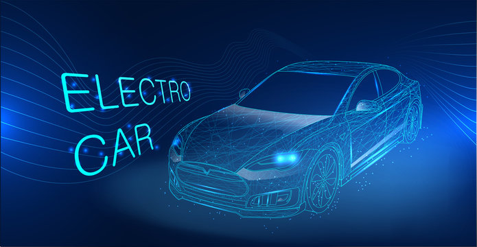 Electric car illustration. Abstract vector image. Smart car in polygonal style in the form of a starry sky or space, consisting of points, lines. Concept Autonomous car.  Eco, electro auto concept 
