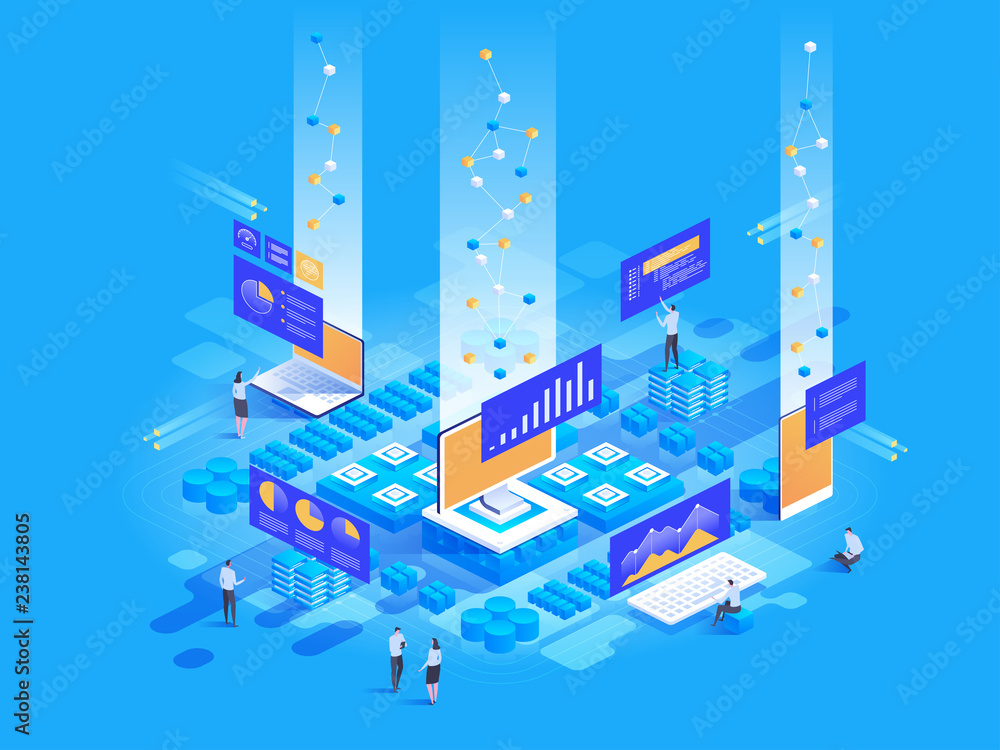 Poster data visualization concept. 3d isometric vector illustration.