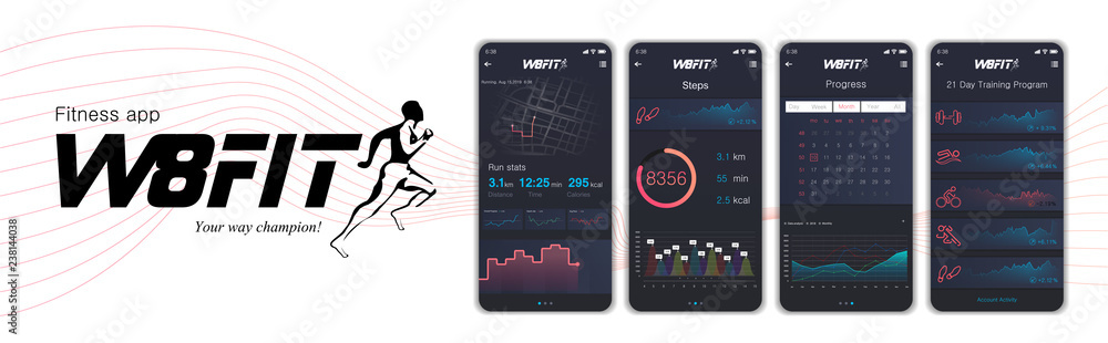 Poster Different UI, UX, GUI screens fitnes app and flat web icons for mobile apps, Fitness application design. Mock up Mobile app. Vector template. Fitness interface design for mobile application