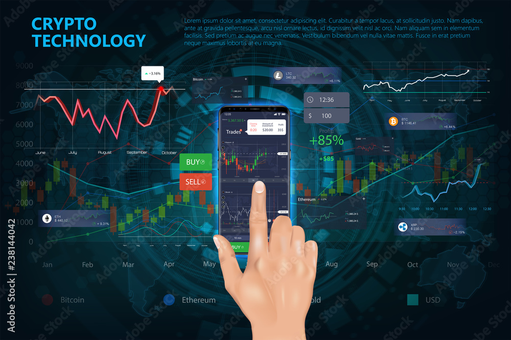 Aufkleber Crypto online commerce. Mining bitcoin technology on autonomic computing program and trade platform. Online trading signals to buy and sell currency on the forex chart concept. Realistic style