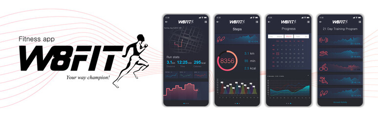 Different UI, UX, GUI screens fitnes app and flat web icons for mobile apps, Fitness application design. Mock up Mobile app. Vector template. Fitness interface design for mobile application