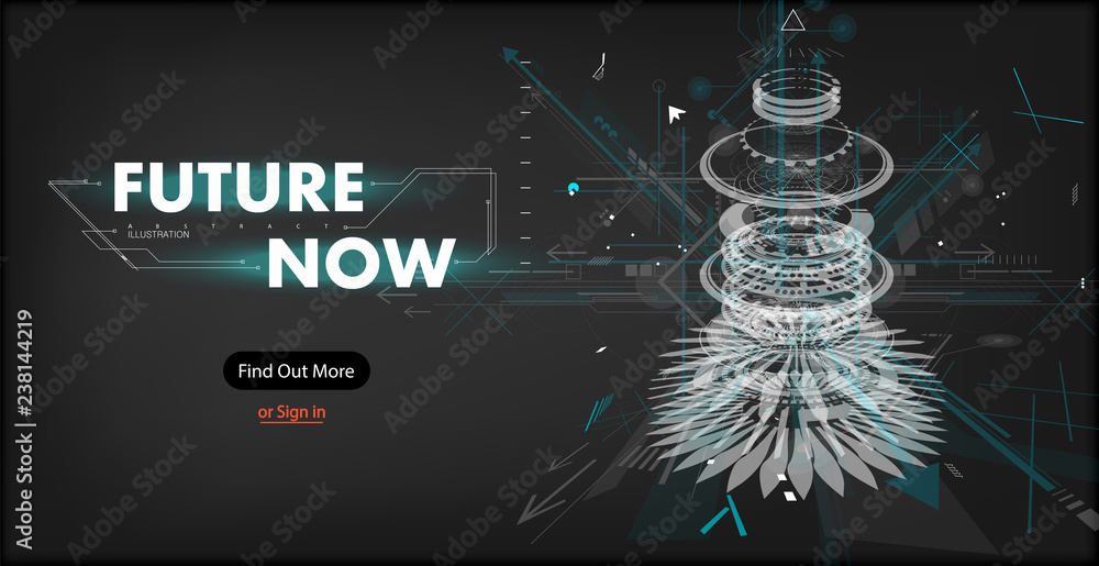 Poster 3D Futuristic abstract template with innovative virtual user interface on dark background vector illustration, hologram screen, science fiction, security system. Mock up website Vector illustration