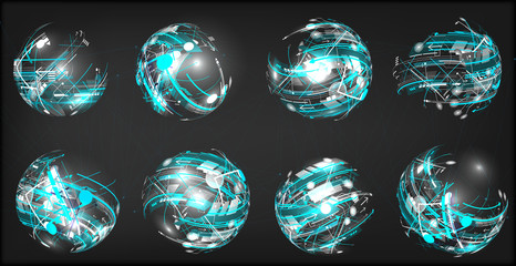 Design elements set in dark colors icons. Vector collection abstract elements. 3D Balls of abstract elements, arrows, circles, lines with glow
