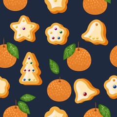 Mandarin seamless pattern. Vector tangerine. Hand drawn fresh tropical citrus fruit. Multicolored sketch background. Colorful doodle wallpaper.pattern of Mandarin and cookies.