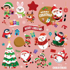 Vintage Christmas poster design with vector snowman, reindeer, penguin, Santa Claus, elf, rabbit characters.