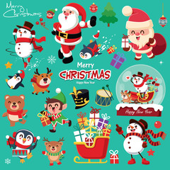 Vintage Christmas poster design with vector snowman, reindeer, penguin, Santa Claus, elf, bear characters.
