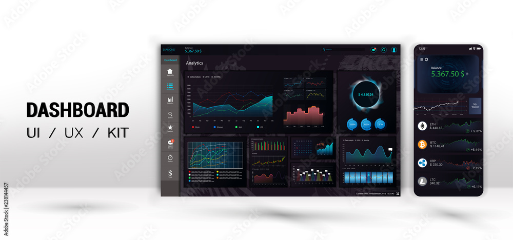 Poster Infographic dashboard template with flat design graphs and pie charts.  Information Graphics elements for UI UX design. Web elements and mobile mock up