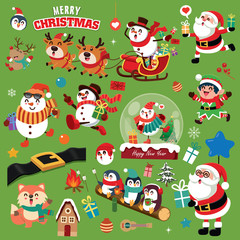 Vintage Christmas poster design with vector snowman, reindeer, penguin, Santa Claus, elf, fox characters.