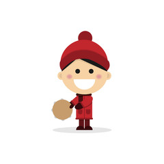 Christmas child playing the tambourine. Vector illustration