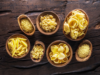 Different pasta types in wooden bowls on the table. Top view.