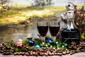 Christmas still life - walnuts, hazelnuts, red currants and red wine