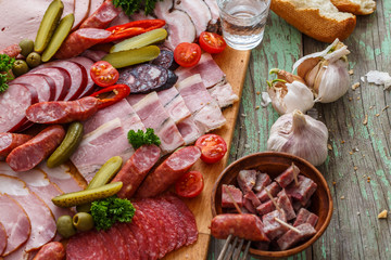 Meat on cutting board, close view, copy space