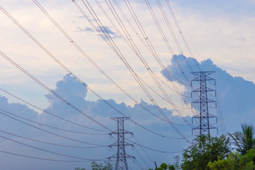 Electricity concept. Close up high voltage power lines station.