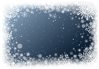 Christmas greting card with white frame of snowflakes on dark blue background. New-Year winter vector illustration with copy-space.