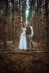 bride and groom in the forest of firs